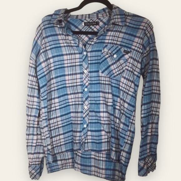 Volcom | blue & white plaid checkered button up shirt xs - Picture 1 of 8